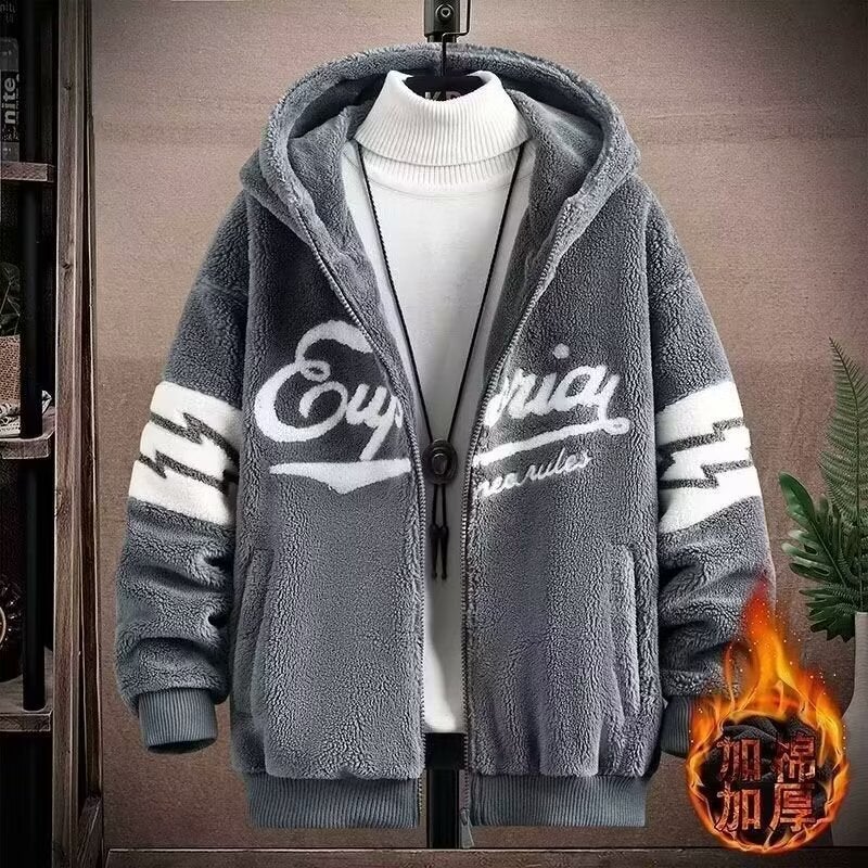 Mens Trendy Sherpa-Lined Hooded Jacket Gray