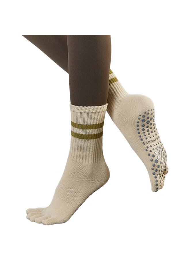 Dweck Yoga Socks, Professional Non-Slip, For Pilates, Indoor Floor Exercise, Dance, Five-Toe Socks, Khaki, 2 Pairs - Image 1