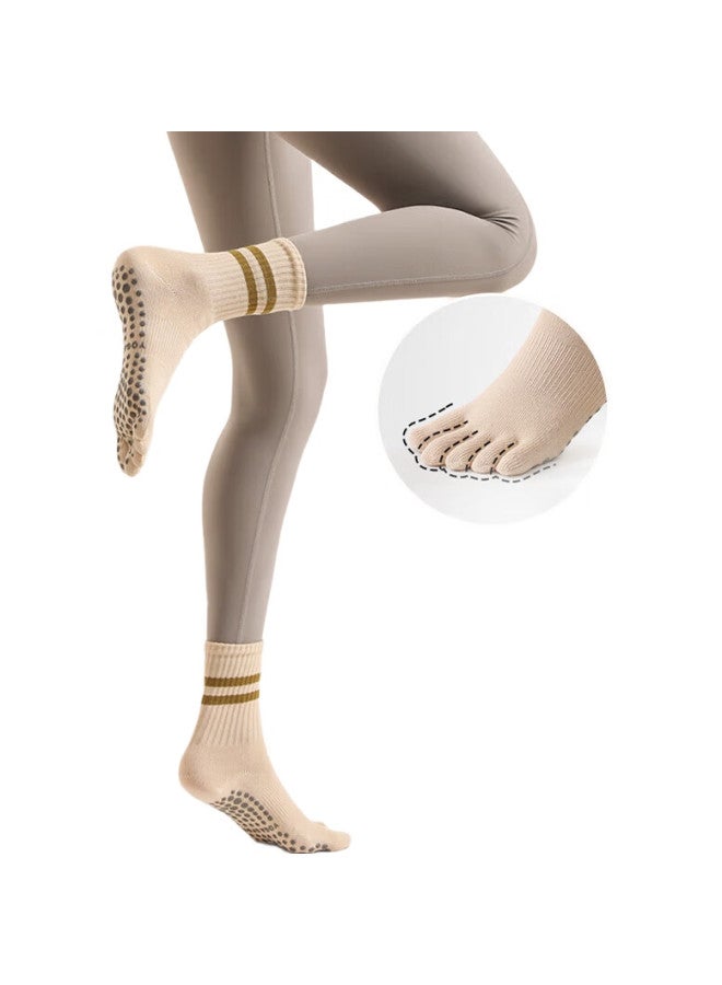 Dweck Yoga Socks, Professional Non-Slip, For Pilates, Indoor Floor Exercise, Dance, Five-Toe Socks, Khaki, 2 Pairs - Image 2