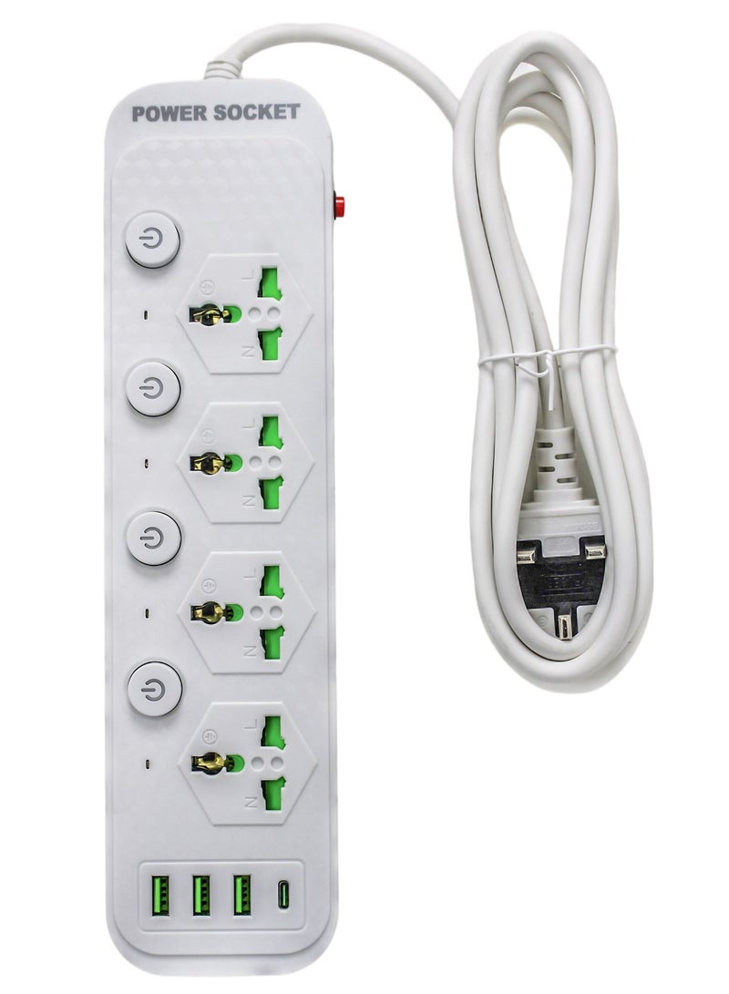 AL QADAH Heavy Duty Power Extension Cord 4 Outlets 3 USB Ports 1 USB-C 3M Cable Overload Protection Flame Retardant Smart Chip 150C Heat Resistant White 3000W  - Image 1
