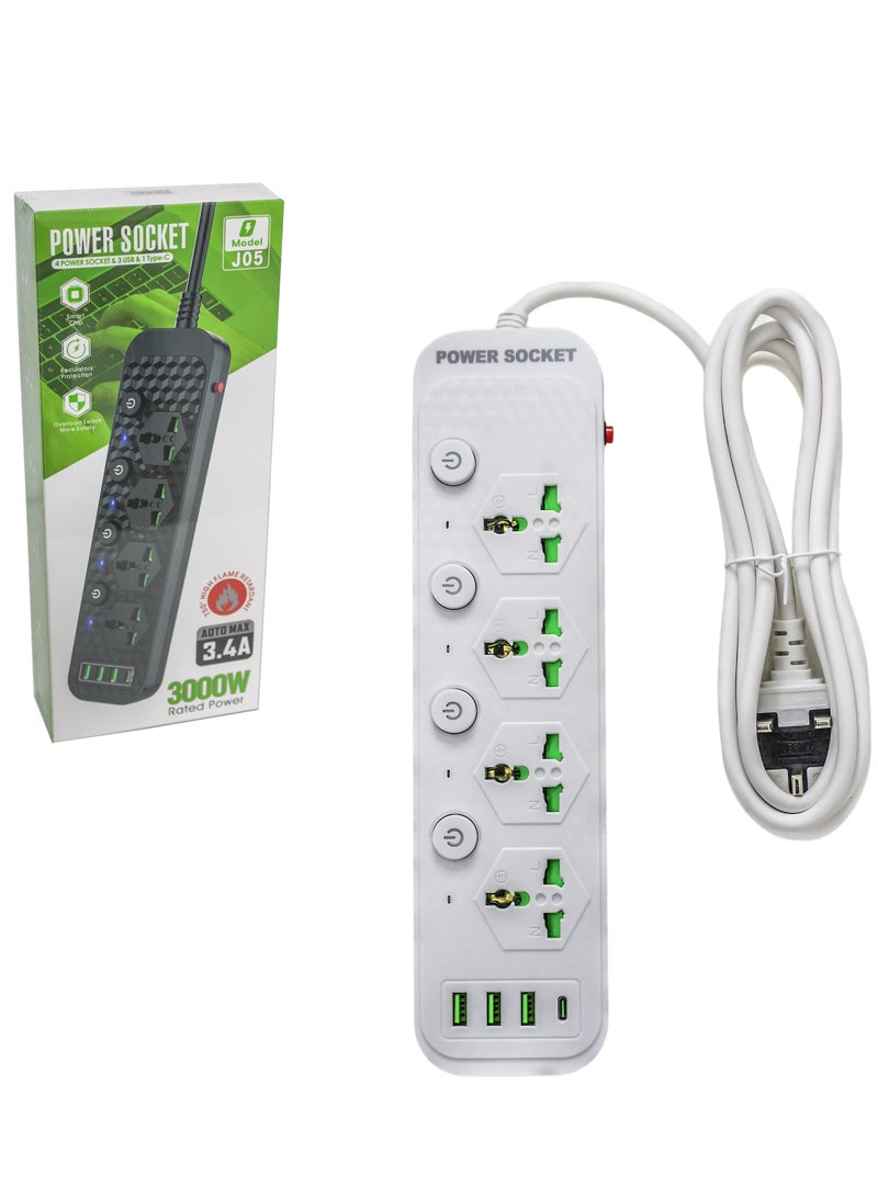AL QADAH Heavy Duty Power Extension Cord 4 Outlets 3 USB Ports 1 USB-C 3M Cable Overload Protection Flame Retardant Smart Chip 150C Heat Resistant White 3000W  - Image 5