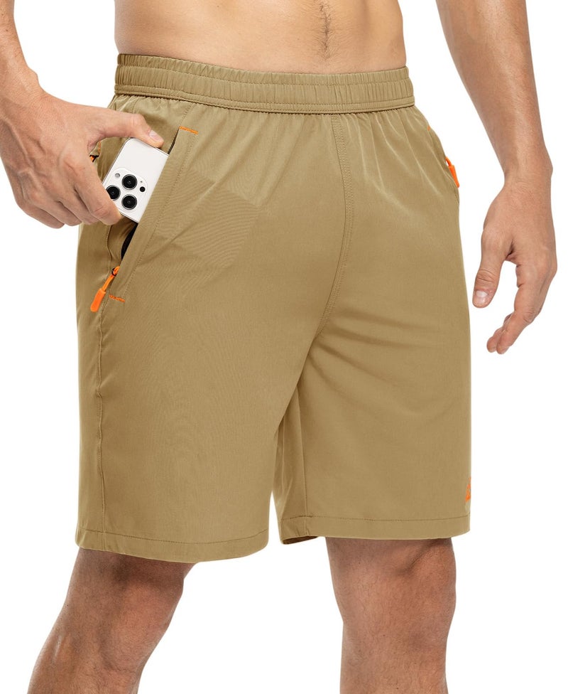 TBMPOY Men's 7" Hiking Running Shorts with Pockets Athletic Outdoor Sports Gym Workout Short Zipper Pockets Khaki S - Image 3