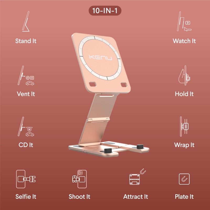 Kenu Stance+ 10-in-1 MagSafe Super Gadget, Magnetic Tripod Stand, Car Ventilation + Dashboard + CD Holder, Finger Holder, Aeroplane Mount, Selfie Stick, More (Rose Gold) - Image 2