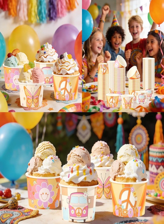 Greencian 120 Pcs Groovy Ice Cream Cups 12 oz Disposable Retro Hippie Boho Paper Dessert Snack Bowls Daisy Flower Sun Food Yogurt Cup Containers for Food Soup Baby Bridal Shower One Birthday Party Supplies - Image 5