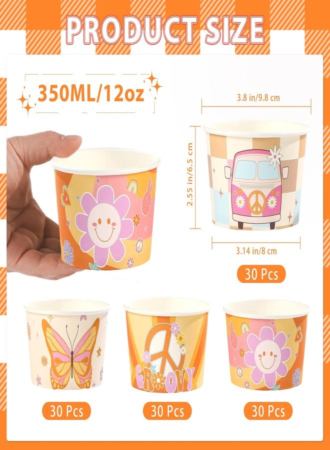 Greencian 120 Pcs Groovy Ice Cream Cups 12 oz Disposable Retro Hippie Boho Paper Dessert Snack Bowls Daisy Flower Sun Food Yogurt Cup Containers for Food Soup Baby Bridal Shower One Birthday Party Supplies - Image 4