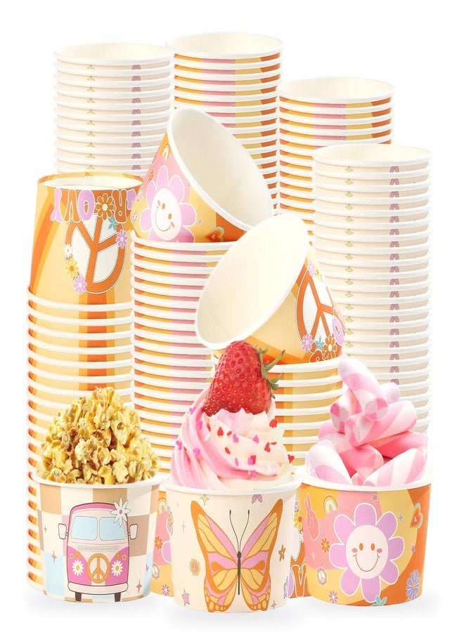 Greencian 120 Pcs Groovy Ice Cream Cups 12 oz Disposable Retro Hippie Boho Paper Dessert Snack Bowls Daisy Flower Sun Food Yogurt Cup Containers for Food Soup Baby Bridal Shower One Birthday Party Supplies - Image 1