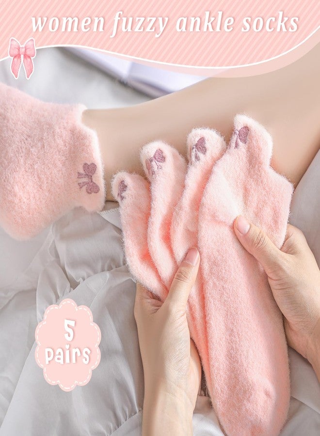 Skicuff جوارب Skicuff النسائية المزينة بفيونكة، 5 أزواج، جوارب ناعمة ومريحة للكاحل، هدية مثالية للنساء والفتيات في فصل الشتاء وعيد الحب (لون وردي) - Image 3