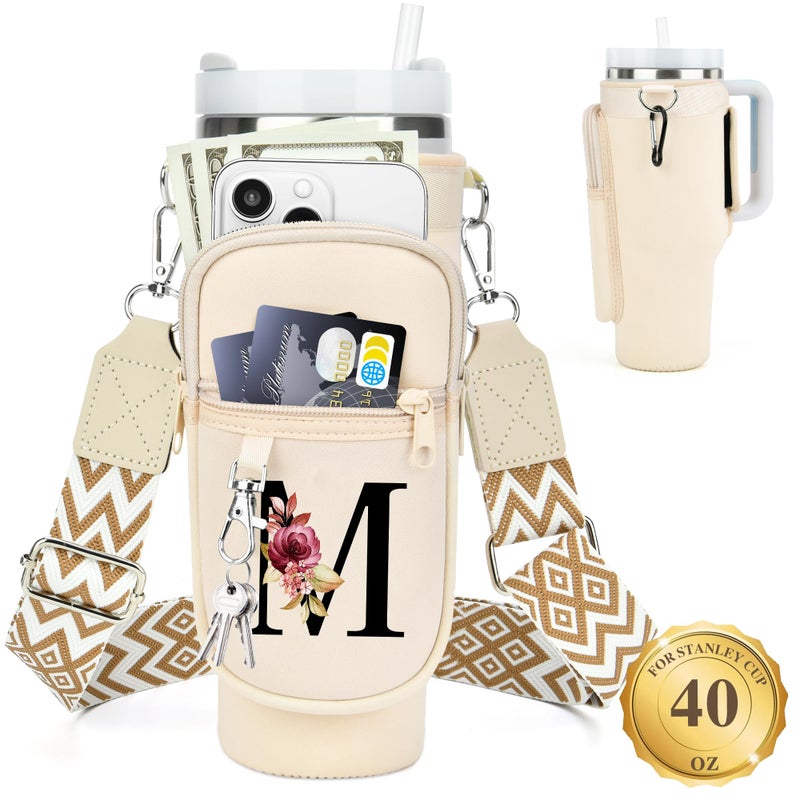 LOKASS Personalized Water Bottle Holder with Strap for Stanley Cup Accessories 40 oz Initial Stanley Cup Holder Carrier Bag with Phone Pocket Stylish Tumbler Accessories for Everyday Carry Beige M - Image 2