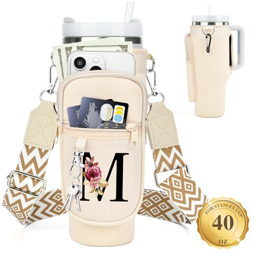 LOKASS Personalized Water Bottle Holder with Strap for Stanley Cup Accessories 40 oz Initial Stanley Cup Holder Carrier Bag with Phone Pocket Stylish Tumbler Accessories for Everyday Carry Beige M - Image 1