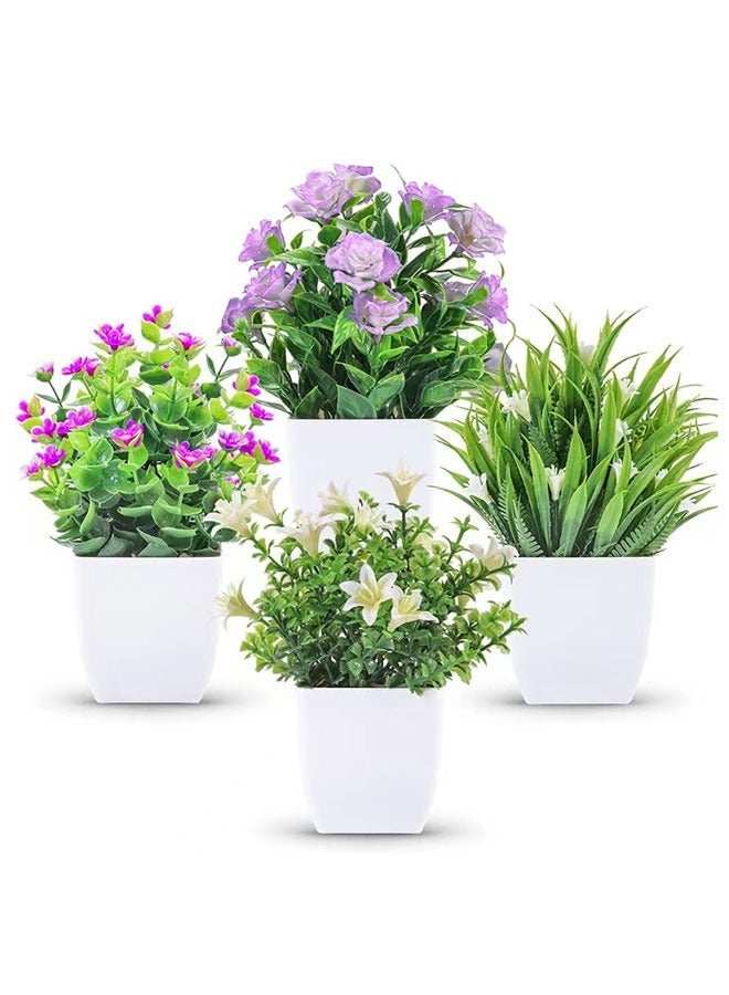 4 PACK MINI ARTIFICIAL FLOWERS IN POT, SMALL FAKE GREENERY PLANTS, FAUX PLASTIC PLANTS FOR INDOOR HOME DECOR LIVING ROOM BEDROOM DESKTOP BOOKSHELF DECORATION STYLE