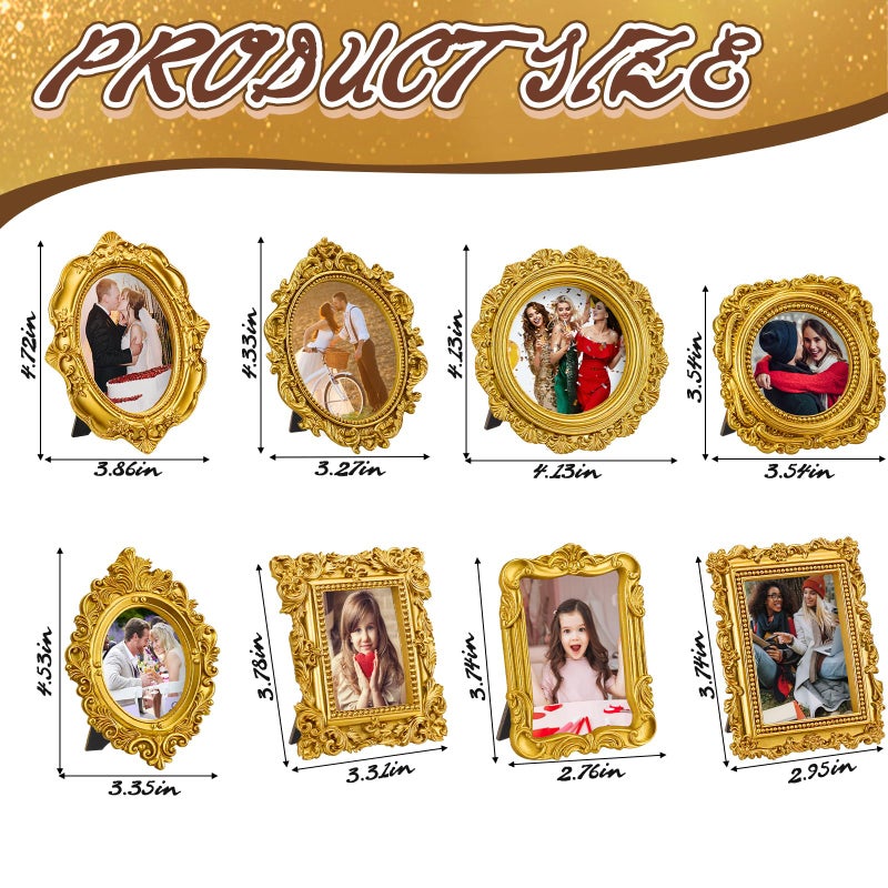 Qunclay 8 Pcs Vintage Picture Frames Set Gold Tiny Picture Frames Wallet Size Baroque Antique Resin Photo Decor for Valentines Day Wedding Party Tabletop Home Decor(Mixed Style 2) - Image 2