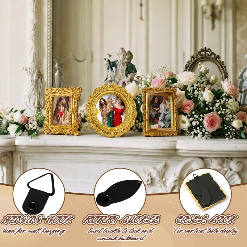 Qunclay 8 Pcs Vintage Picture Frames Set Gold Tiny Picture Frames Wallet Size Baroque Antique Resin Photo Decor for Valentines Day Wedding Party Tabletop Home Decor(Mixed Style 2) - Image 3
