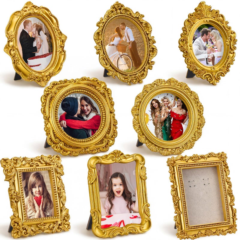 Qunclay 8 Pcs Vintage Picture Frames Set Gold Tiny Picture Frames Wallet Size Baroque Antique Resin Photo Decor for Valentines Day Wedding Party Tabletop Home Decor(Mixed Style 2) - Image 1