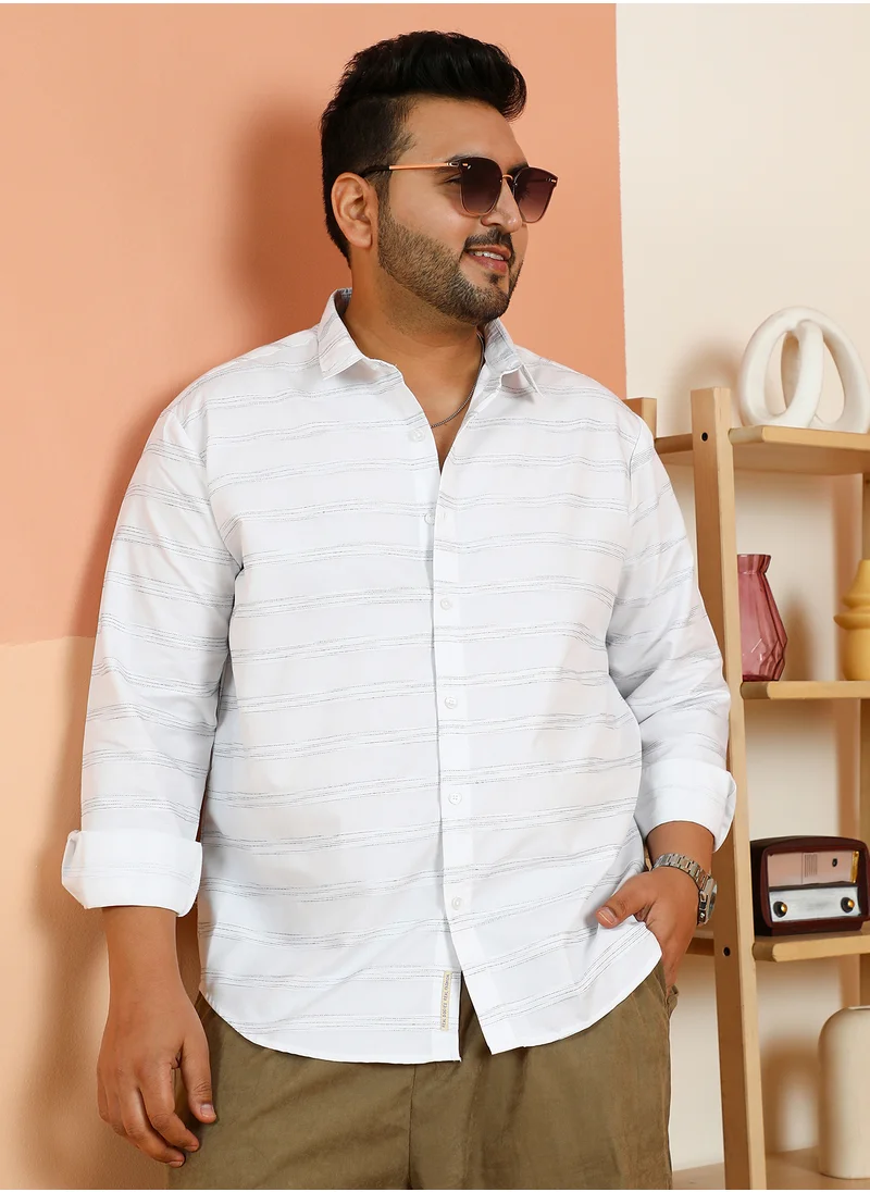 انستافاب بلس Instafab Plus Men's Chalk White Horizontal Textured-Stripe Shirt For Casual Wear | Spread Collar | Long Cuffed Sleeves | Button Closure | Plus Size Shirt Crafted With Comfort Fit For Everyday Wear