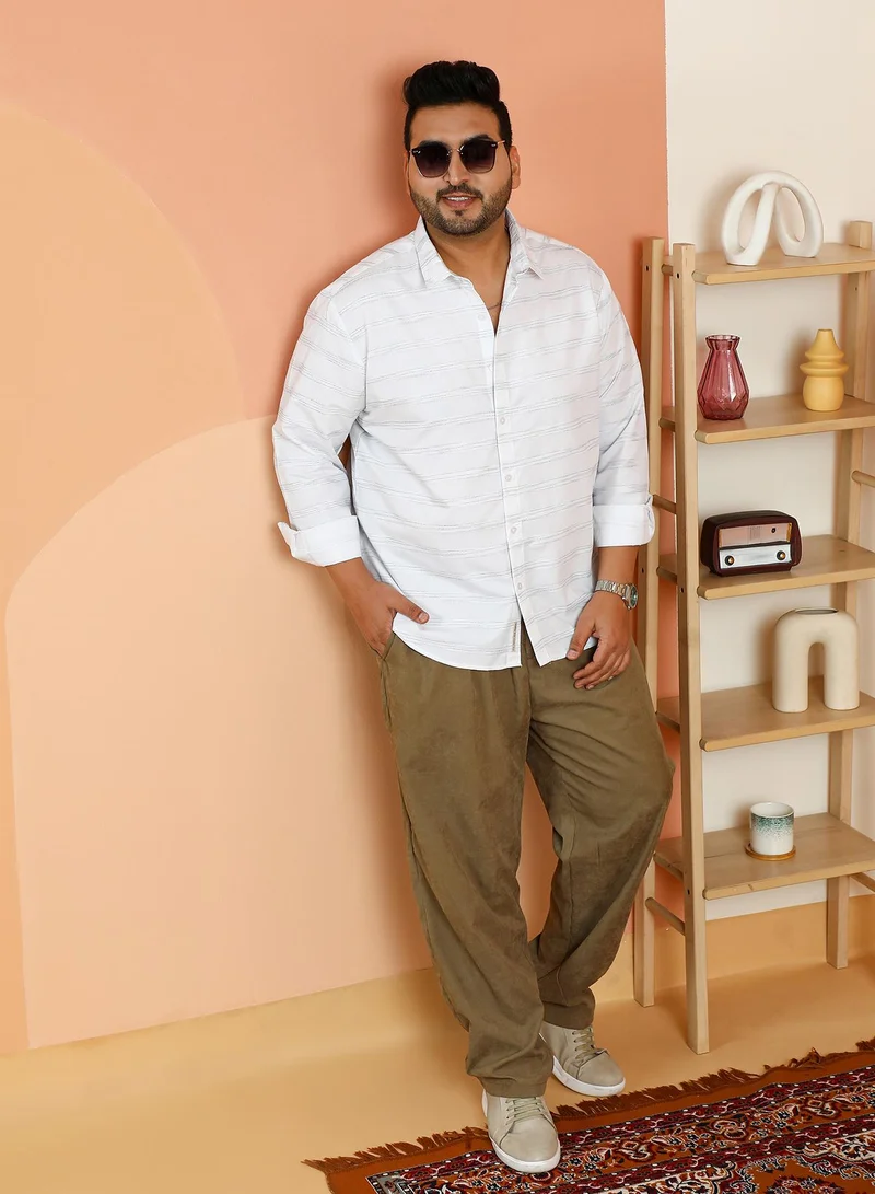 Instafab Plus Instafab Plus Men's Chalk White Horizontal Textured-Stripe Shirt For Casual Wear | Spread Collar | Long Cuffed Sleeves | Button Closure | Plus Size Shirt Crafted With Comfort Fit For Everyday Wear