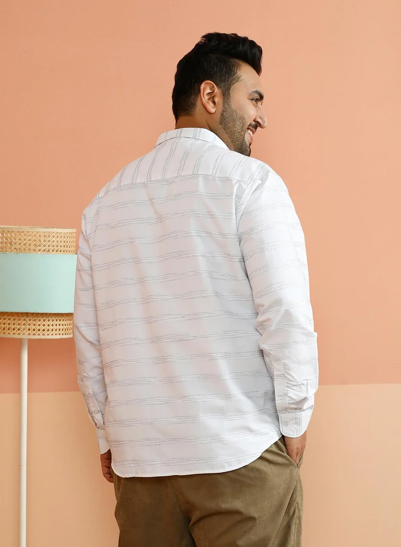 Instafab Plus Instafab Plus Men's Chalk White Horizontal Textured-Stripe Shirt For Casual Wear | Spread Collar | Long Cuffed Sleeves | Button Closure | Plus Size Shirt Crafted With Comfort Fit For Everyday Wear