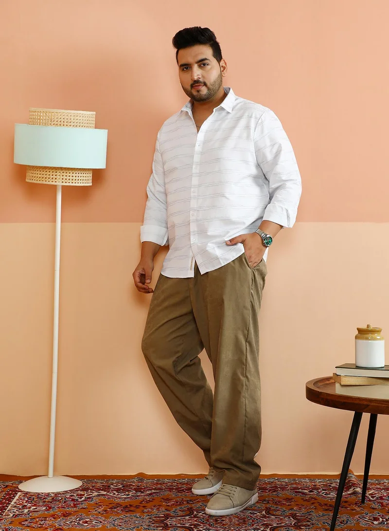 Instafab Plus Instafab Plus Men's Chalk White Horizontal Textured-Stripe Shirt For Casual Wear | Spread Collar | Long Cuffed Sleeves | Button Closure | Plus Size Shirt Crafted With Comfort Fit For Everyday Wear
