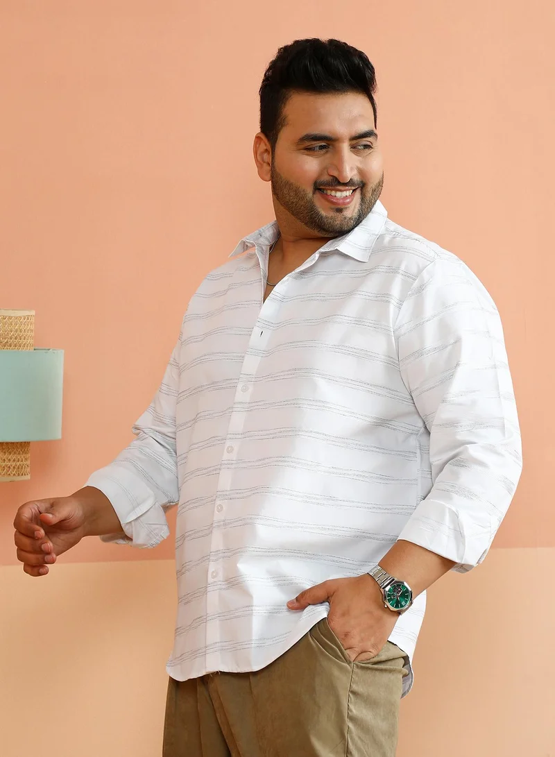 Instafab Plus Instafab Plus Men's Chalk White Horizontal Textured-Stripe Shirt For Casual Wear | Spread Collar | Long Cuffed Sleeves | Button Closure | Plus Size Shirt Crafted With Comfort Fit For Everyday Wear