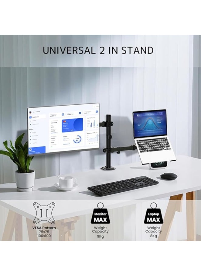Generic - Laptop Monitor Mount Stand- Height Adjustable Desk Mount with Clamp and Grommet Mounting Base for 1 monitor 15 -33” and 1 laptop 13 -17”, VESA 75/100 Max Load 9KG - Image 1