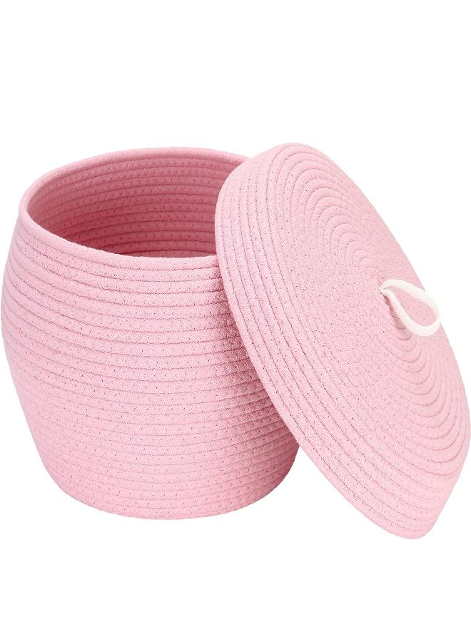 Sea Team Round Cotton Rope Storage Basket with Lid, Decorative Woven Storage Bin, Pot, Caddy, Organizer, Container for Snacks, Towels, Plants, 13 x 9 Inches (Large, Pink) - Image 1