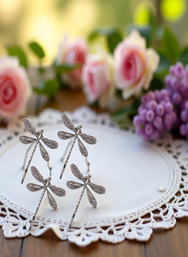 Qintreesify 4 Pcs Silver Dragonfly Hair Clip, Retro Wedding Antique Barrette, Bridal Headdress Head Wear Styling Hair Accessories for Girls Ladies, Hair Pins French Styling Pins, Hair Accessories - Image 3