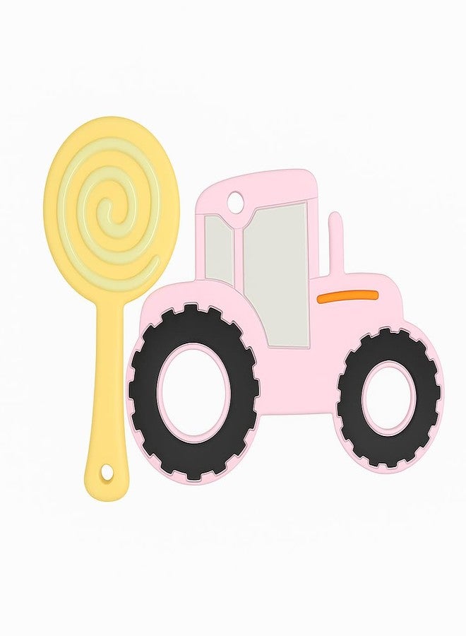 DTR Creation Silicone Baby Teether Pack of 2 | Lollipop & Pink Tractor Shape | Soft BPA-Free Food-Grade Silicone | Easy to Hold | Teething Toy for 0–3 Years Babies - Image 1