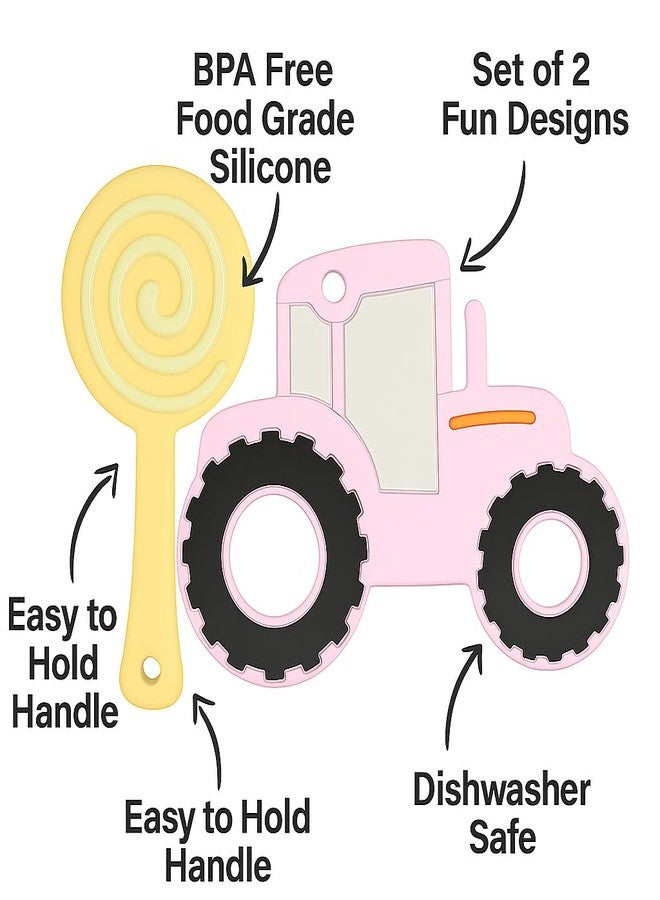 DTR Creation Silicone Baby Teether Pack of 2 | Lollipop & Pink Tractor Shape | Soft BPA-Free Food-Grade Silicone | Easy to Hold | Teething Toy for 0–3 Years Babies - Image 3