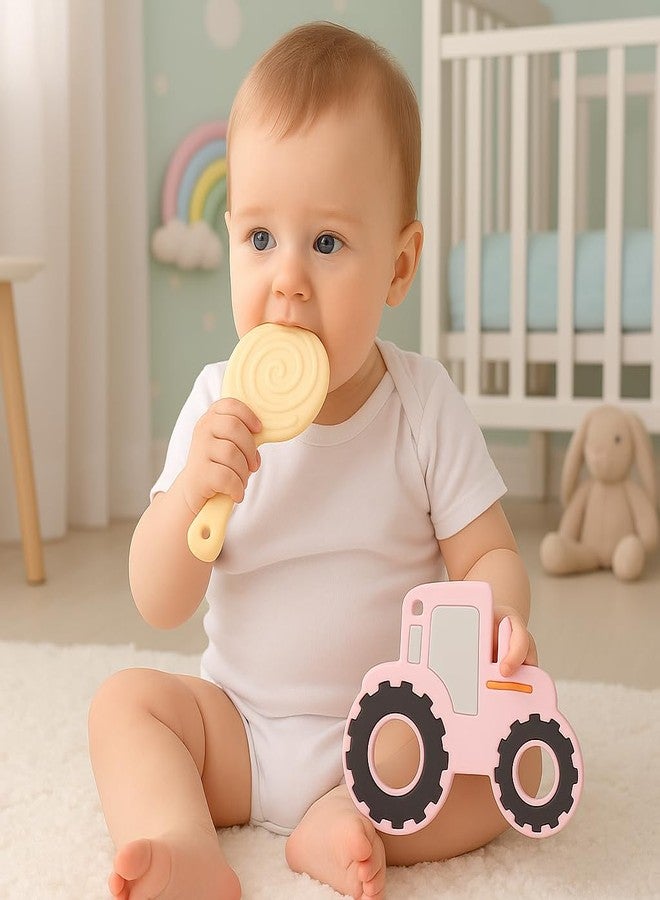 DTR Creation Silicone Baby Teether Pack of 2 | Lollipop & Pink Tractor Shape | Soft BPA-Free Food-Grade Silicone | Easy to Hold | Teething Toy for 0–3 Years Babies - Image 4