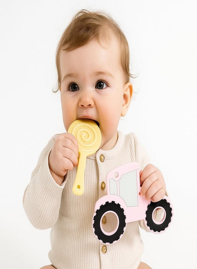 DTR Creation Silicone Baby Teether Pack of 2 | Lollipop & Pink Tractor Shape | Soft BPA-Free Food-Grade Silicone | Easy to Hold | Teething Toy for 0–3 Years Babies - Image 2