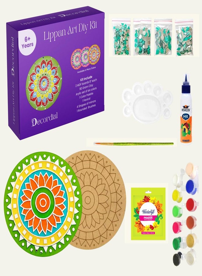 Decordial Lippan Art Materials Kit with Round MDF DIY Board (2pcs), Clay (2pcs), Mirrors (60pcs), Painting Brush and 12-Color Set - Image 1