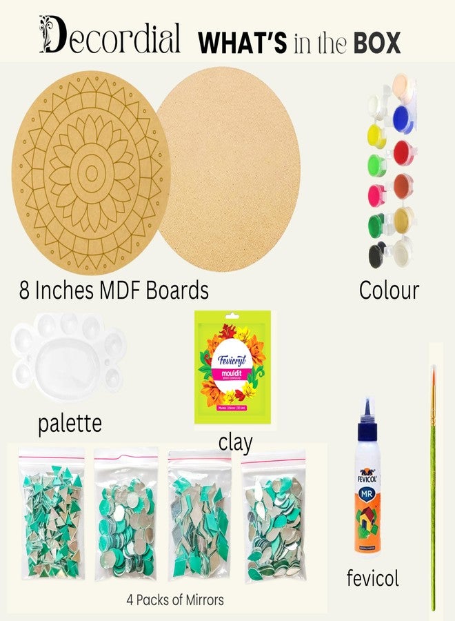 Decordial Lippan Art Materials Kit with Round MDF DIY Board (2pcs), Clay (2pcs), Mirrors (60pcs), Painting Brush and 12-Color Set - Image 2