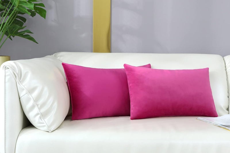 mixeoo Comfy Hot Pink Throw Pillow Covers Decorative Lumbar Rectangle Thick Velvet Super Soft Cushion Cases Home Decor for Sofa Couch Living Room, Set of 2, 12 x 20 Inch - Image 1