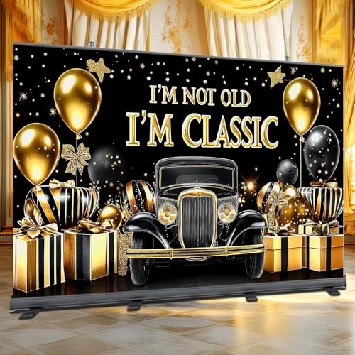 TagreSpike Black Gold Happy Birthday Banner Backdrop 70.8 x 43.3 Inch I'm Not Old I'm Classic Birthday Poster Photography Background Birthday Party Decorations Supplies Classic Car for Indoor Outdoor Retirement - Image 3