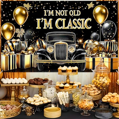 TagreSpike Black Gold Happy Birthday Banner Backdrop 70.8 x 43.3 Inch I'm Not Old I'm Classic Birthday Poster Photography Background Birthday Party Decorations Supplies Classic Car for Indoor Outdoor Retirement - Image 5