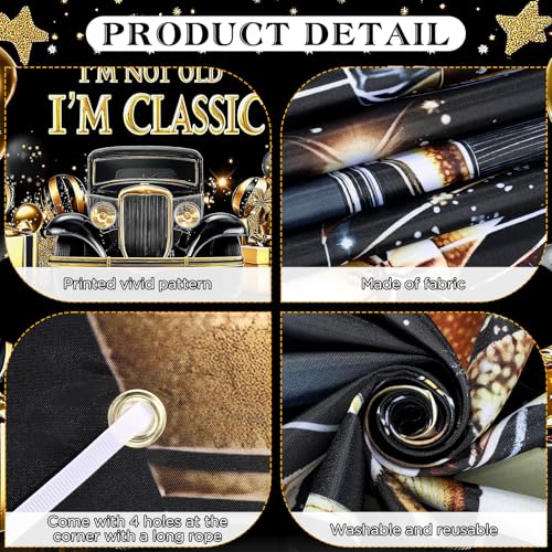 TagreSpike Black Gold Happy Birthday Banner Backdrop 70.8 x 43.3 Inch I'm Not Old I'm Classic Birthday Poster Photography Background Birthday Party Decorations Supplies Classic Car for Indoor Outdoor Retirement - Image 2