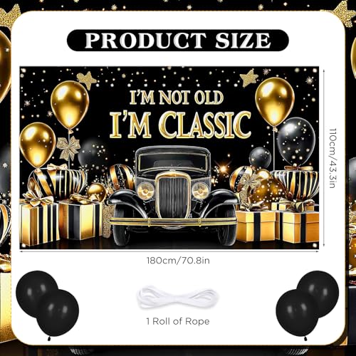 TagreSpike Black Gold Happy Birthday Banner Backdrop 70.8 x 43.3 Inch I'm Not Old I'm Classic Birthday Poster Photography Background Birthday Party Decorations Supplies Classic Car for Indoor Outdoor Retirement - Image 4