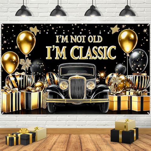 TagreSpike Black Gold Happy Birthday Banner Backdrop 70.8 x 43.3 Inch I'm Not Old I'm Classic Birthday Poster Photography Background Birthday Party Decorations Supplies Classic Car for Indoor Outdoor Retirement - Image 1