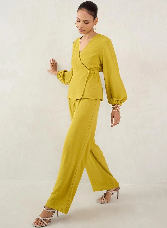 Femmella Femmella Solid Wrap Top and Straight Pants Co-Ords