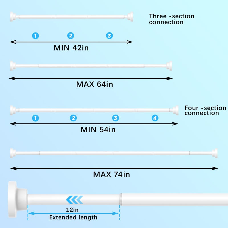 AIZESI Shower Curtain Rod, Adjustable 42-74 Inch Spring Tension Shower Rod, 1" Diameter Tension Curtain Rod No Drilling, Anti-Slip, Premium Stainless Steel Anti-Rust, White - Image 2