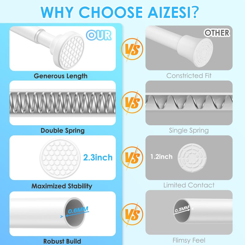 AIZESI Shower Curtain Rod, Adjustable 42-74 Inch Spring Tension Shower Rod, 1" Diameter Tension Curtain Rod No Drilling, Anti-Slip, Premium Stainless Steel Anti-Rust, White - Image 5
