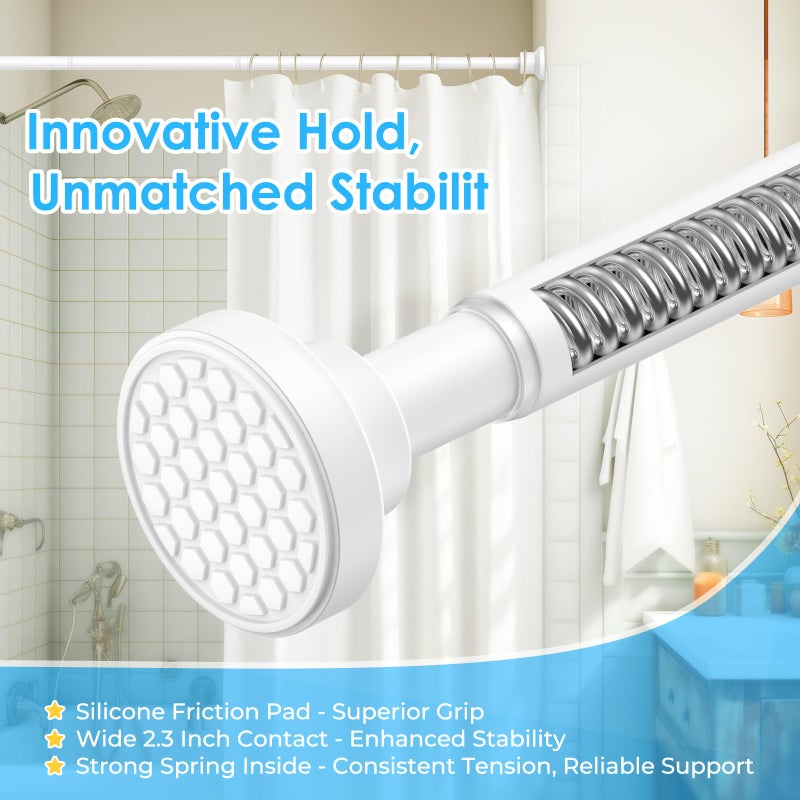 AIZESI Shower Curtain Rod, Adjustable 42-74 Inch Spring Tension Shower Rod, 1" Diameter Tension Curtain Rod No Drilling, Anti-Slip, Premium Stainless Steel Anti-Rust, White - Image 3