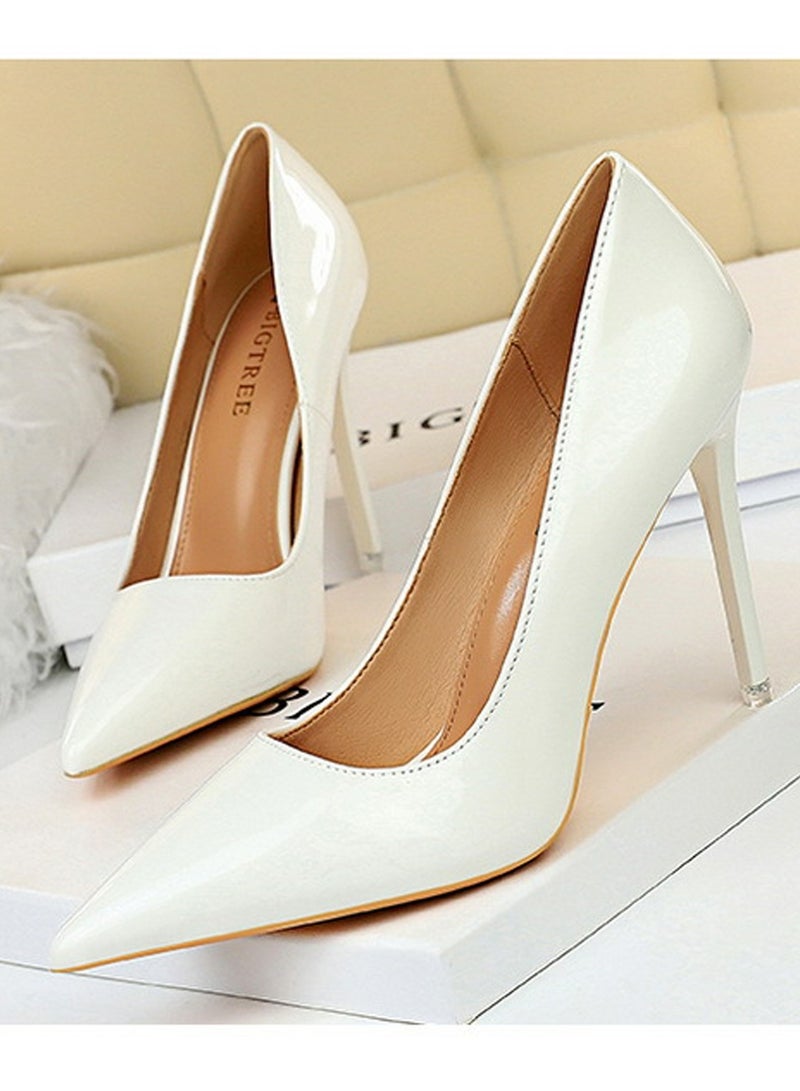 BIGTREE Women's Fashionable Shiny Stiletto Pumps 10.5cm Elegant Gorgeous Closed Pointed Toe Slip On Solid High Heels White - Image 2