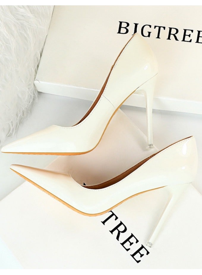 BIGTREE Women's Fashionable Shiny Stiletto Pumps 10.5cm Elegant Gorgeous Closed Pointed Toe Slip On Solid High Heels White - Image 1