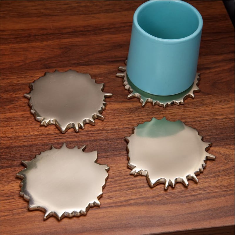 GIBOX Designer Gold Spilled Matt Finish Fancy Metal Anti Slip Tea Coaster (Set of 4) for Kitchen Home & Bar Accessories Home Decor Dinning Gifts Restaurants Living Rooms, Coffee Table - Image 2