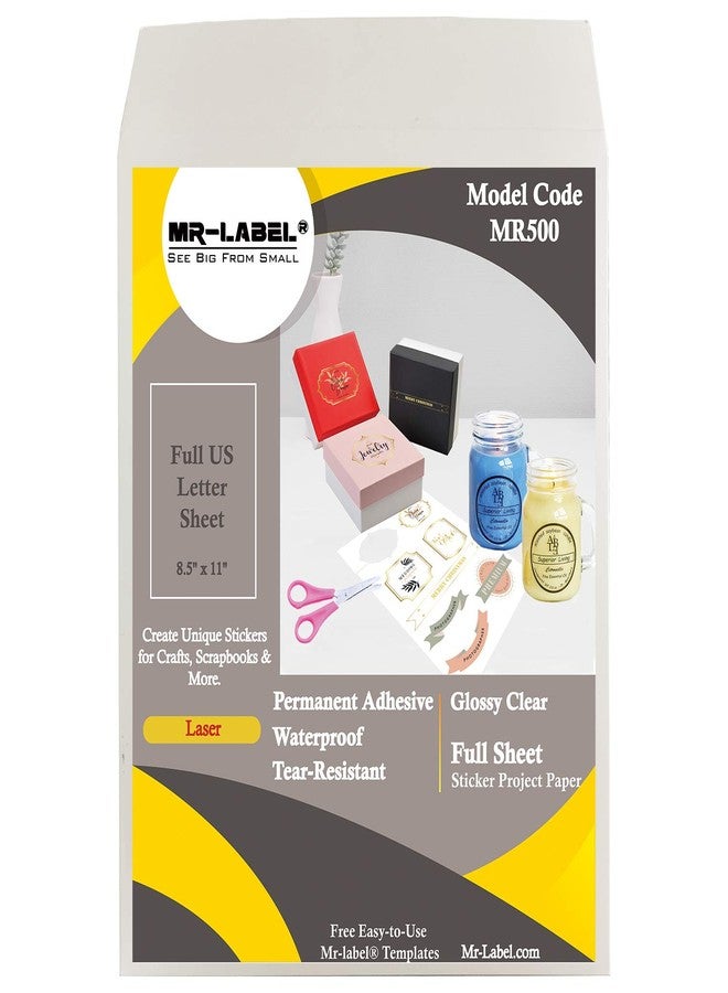 MR-Label Crystal Glossy Clear Multipurpose Labels - Waterproof & Tear-Resistant - Printable Sticker Paper for Holiday Crafts - for Laser Printer Only - 8.5" x 11" Full Sheet Labels - 25 Labels - Image 1