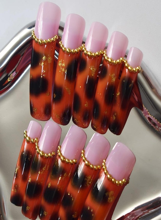 ASABITE 20Pcs Long Curved Press on Nails French Tip Fake Nails Fall Leopard False Nails with Golden Steel Ball Design Curve Nails Press ons Artificial Full Cover Glue on Nail Reusable Stick on Nail for Women - Image 3