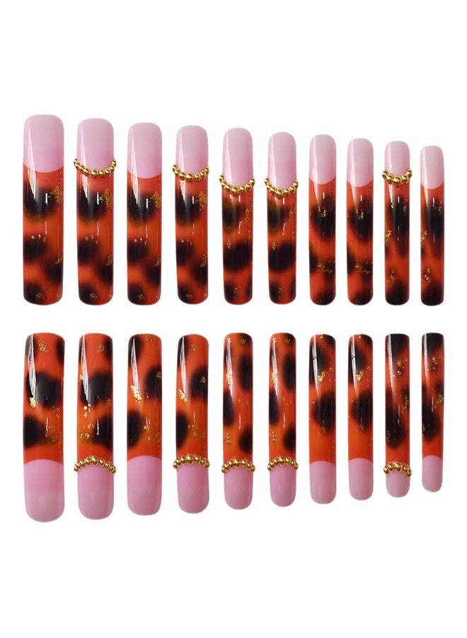 ASABITE 20Pcs Long Curved Press on Nails French Tip Fake Nails Fall Leopard False Nails with Golden Steel Ball Design Curve Nails Press ons Artificial Full Cover Glue on Nail Reusable Stick on Nail for Women - Image 5