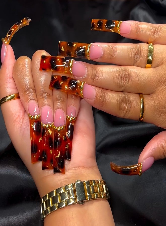 ASABITE 20Pcs Long Curved Press on Nails French Tip Fake Nails Fall Leopard False Nails with Golden Steel Ball Design Curve Nails Press ons Artificial Full Cover Glue on Nail Reusable Stick on Nail for Women - Image 1