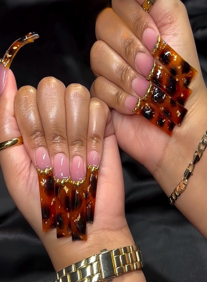 ASABITE 20Pcs Long Curved Press on Nails French Tip Fake Nails Fall Leopard False Nails with Golden Steel Ball Design Curve Nails Press ons Artificial Full Cover Glue on Nail Reusable Stick on Nail for Women - Image 2