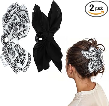 AOZUO 2PCS Big Bow Claw Clips Black White Flower Claw Clips Nonslip Large Hair Clips Hair Accessories for Thick Hair for Women Girls - Image 1